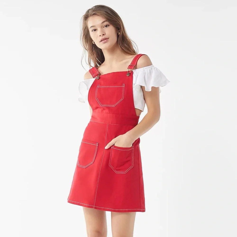 Lykke Wullf Anita Overall Mini Dress (Sz M) A-Line Patch Pocket Red Twill Cotton - Picture 3 of 16